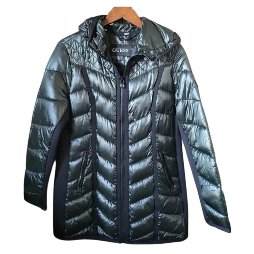 Guess Dark Green Hooded Long Puffer Jacket - NWT